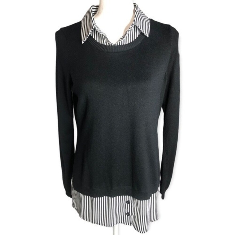 Adrianna Papell Black Striped Scoop Neck Twofer Pullover Sweater